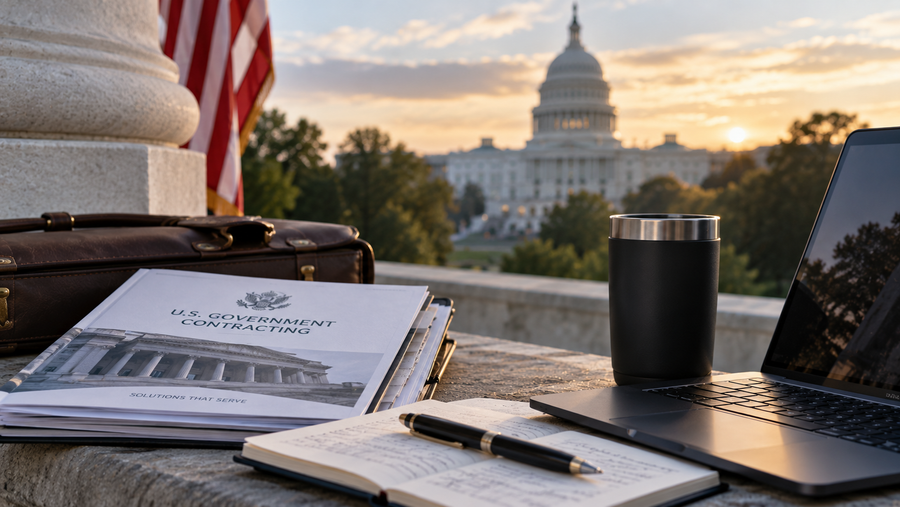 Government contracting workspace overlooking the U.S. Capitol with procurement documents, laptop and professional planning materials.