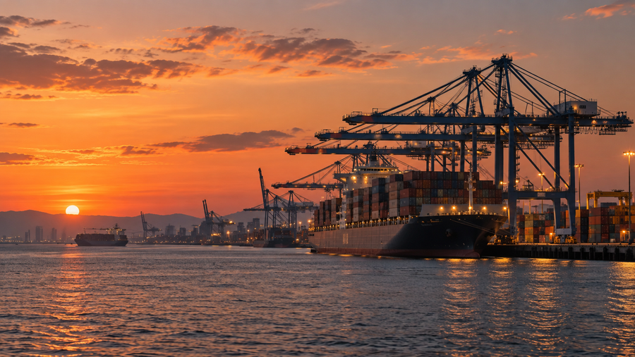 Container cranes and cargo terminals at sunset, representing global supply-chain pressures discussed by Sean Brownlee with CNN Business.