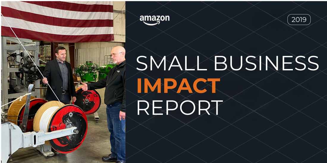 Banner reading “Amazon Small Business Impact Report” with Sean Brownlee pictured in the Ravenox rope factory, symbolizing small business leadership and Amazon partnership.