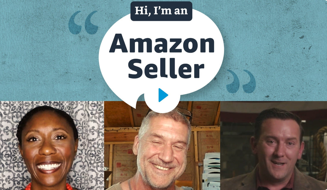 Image featuring all three Amazon sellers from Episode 7 of Amazon’s Seller Stories Podcast, with the speech bubble “Hi, I’m an Amazon Seller.”