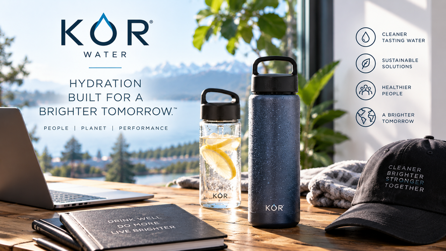 KOR Water lifestyle image featuring reusable water bottles and a modern hydration and sustainability workspace.