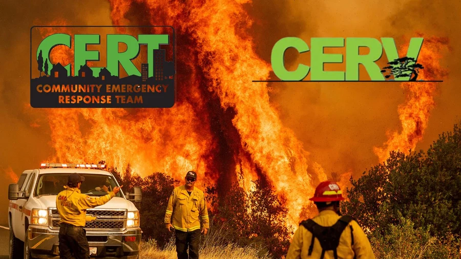 Illustrative composite of wildfire response imagery with firefighters, a vehicle, and CERT and CERV logos